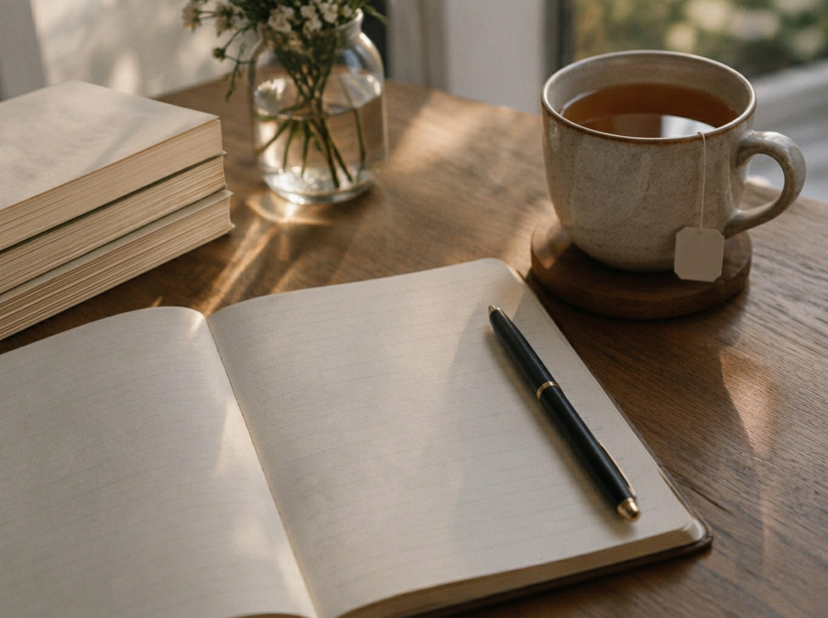 An open notebook with morning notes beside a cup of tea