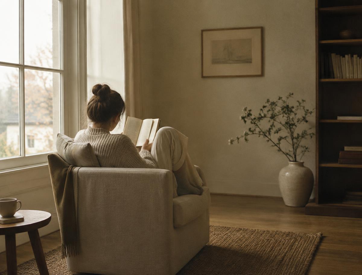 A person reading quietly in an armchair by a window