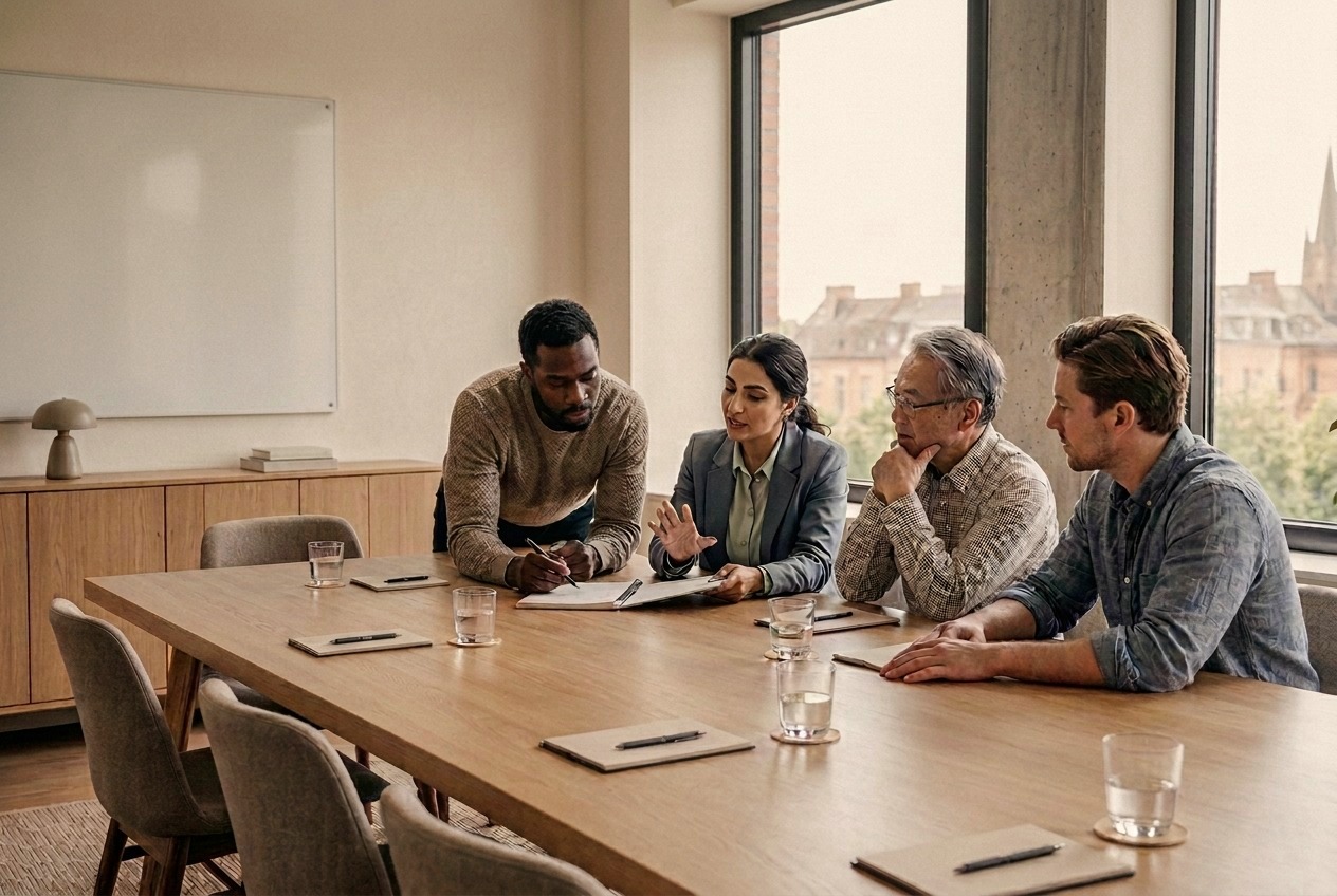 Colleagues discussing an exercise together during a team workshop